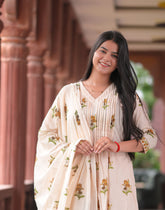 Arihantam Mustard Meadow A-Line Cotton Printed Suit Set